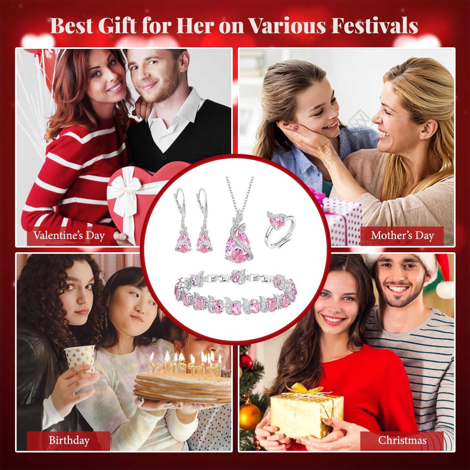 BriLove Jewelry Set for Bride, Sparkling Water Drop Cubic Zirconia Crystal Pendant Necklace Leverback Earrings Tennis Bracelet Adjustable Ring Gift for Wedding/Birthday/Mother's Day/Christmas - Image 7