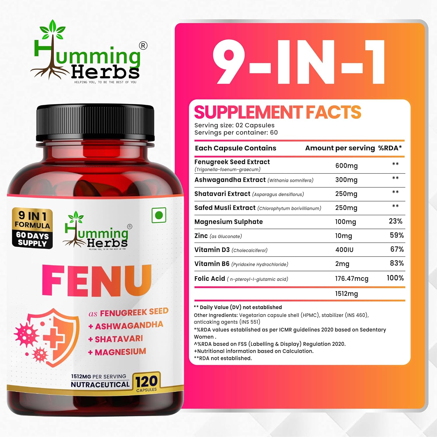 Humming Herbs Fenugreek Seed Extract Complex — with Ashwagandha, Shatavari, Safed Musli, Magnesium, Zinc, Vitamin D3, B6 & Folate — 1512 mg per Serving — 120 Capsules (60 Days)