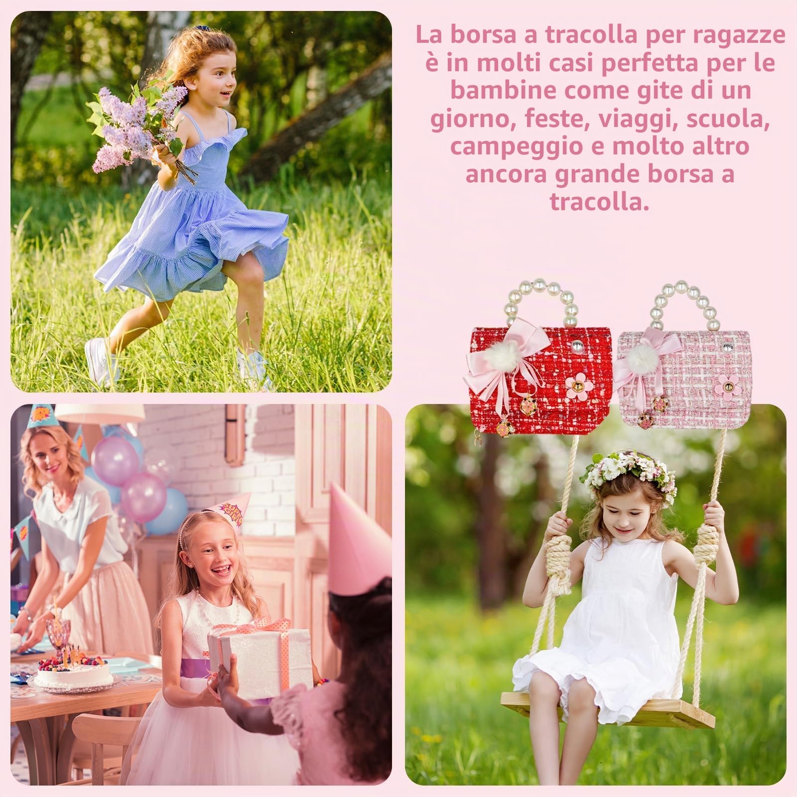 Borsetta per Bambina, Mini Borsa a Tracolla con Fiocco Carino e Campanellino | Regalo per Bambine di 2 3 4 5 Anni