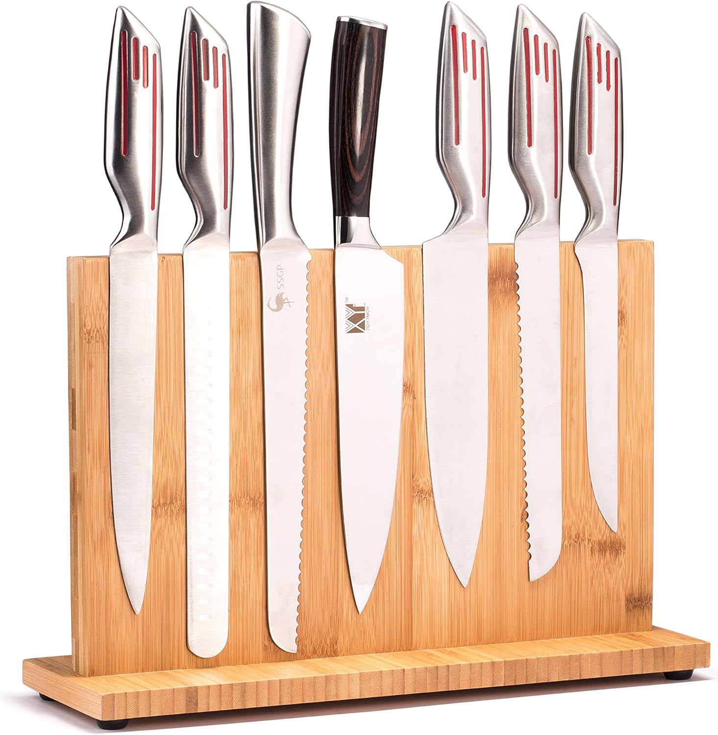 Bamboo Knife Blocks,Knife Block Rack Magnetic, Double Side Super Magnetic,Non-Slip Design,8 inch,12inch,14inch,Different Sizes for Your Selection Without Knives (14 inch)