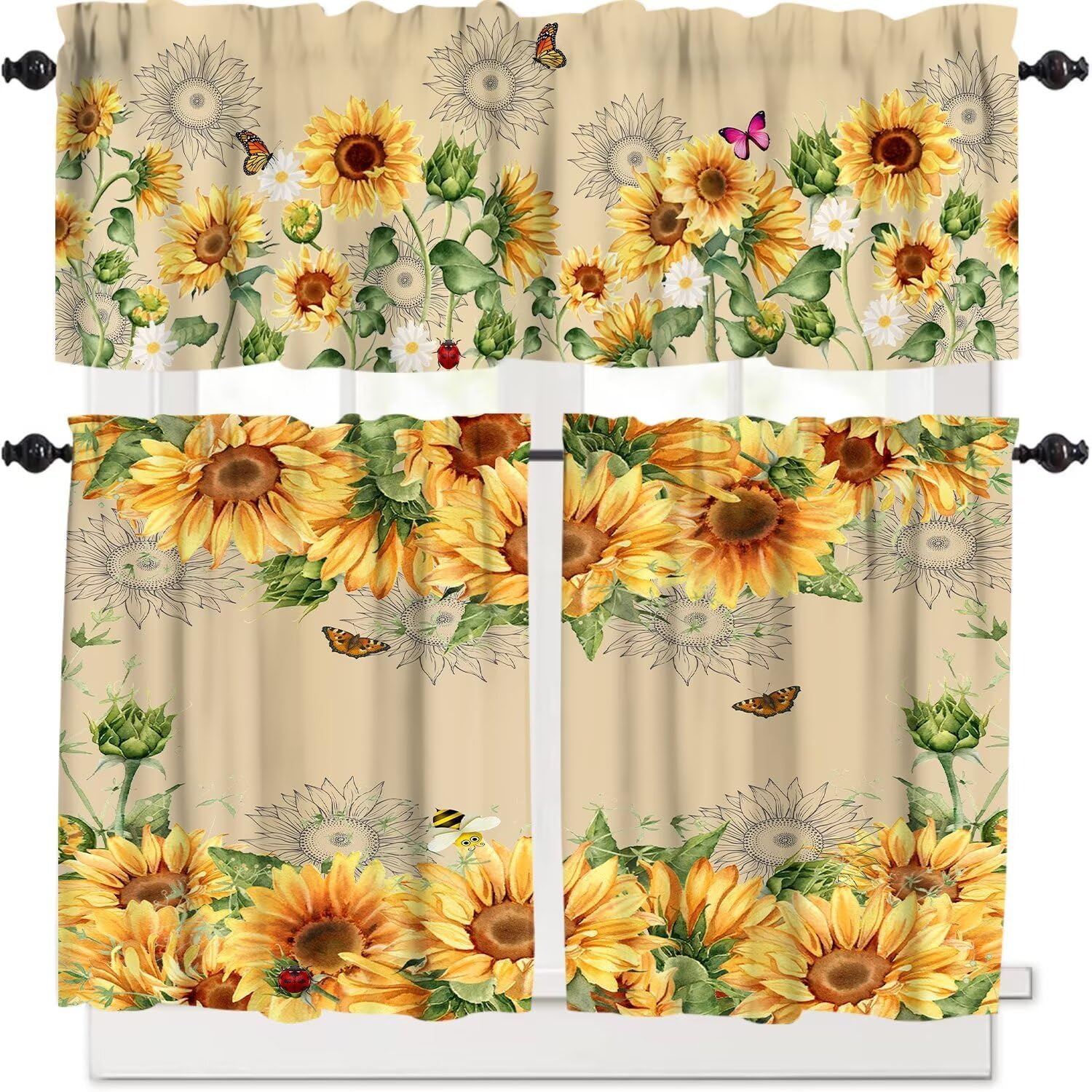 Dwarfs Sunflower Valance Curtains Vintage Black and White Plaid Floral Small Short Art Printed Windows Curtains Valance for Kitchen Dining Room Canteens Home Decor 54''x18''+27''x24''x2（3 Piece）