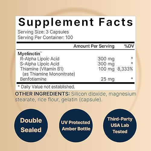 Miniatura 2 de NatureBell Complejo de Ácido Alfa Lipoico, 600mg, 300 Cápsulas | Fórmula Myelinctin 4-en-1 con R-ALA, S-ALA, Tiamina y Benfotiamina | Alta Absorción