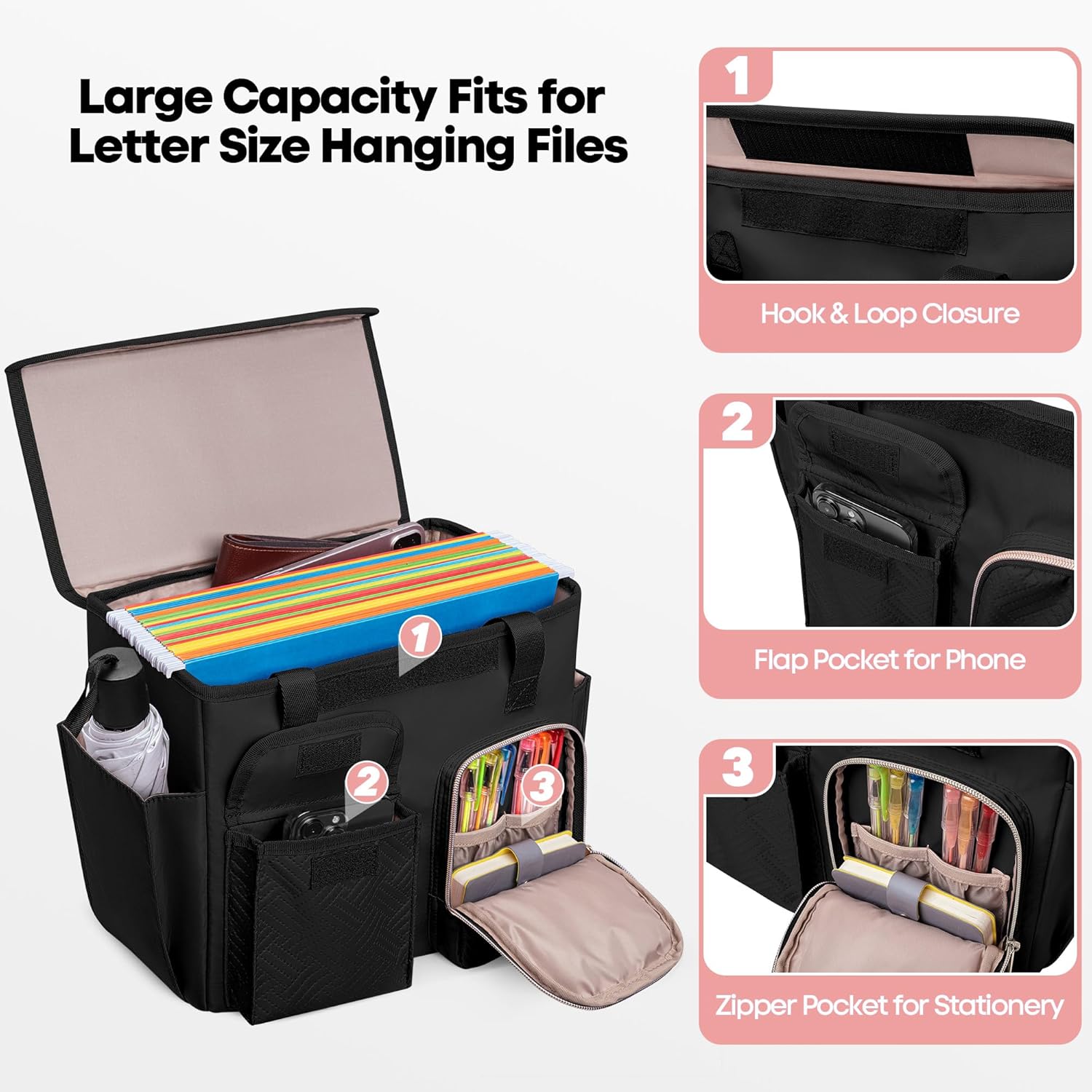 Hanging File Organizer Box with Lid, Portable Document Organizer Bag with Handle, Suitable for Letter Size Hanging File Folders, Black