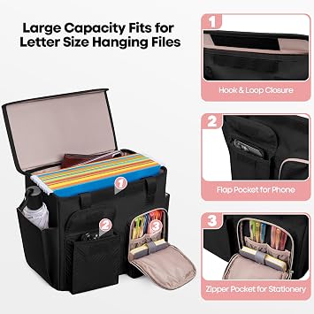 Hanging File Organizer Box with Lid, Portable Document Organizer Bag | Portable File Box with Handle, Fits Letter Size Hanging File Folders, File Tote Organizer Bag for Home Office Storage