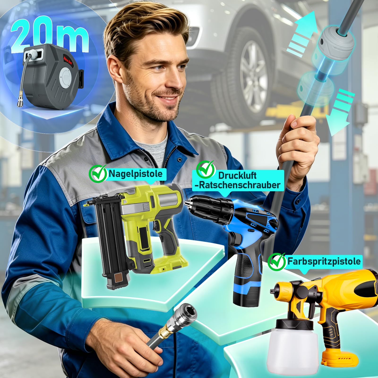 Druckluftschlauchtrommel 20m, Schlauchaufroller Druckluft mit 1/4 Zoll Schnellkupplung,max. Druck:18 bar,Druckluftschlauch Aufroller für Kompressor Werkstatt,Wandhalterung 180° schwenkbar