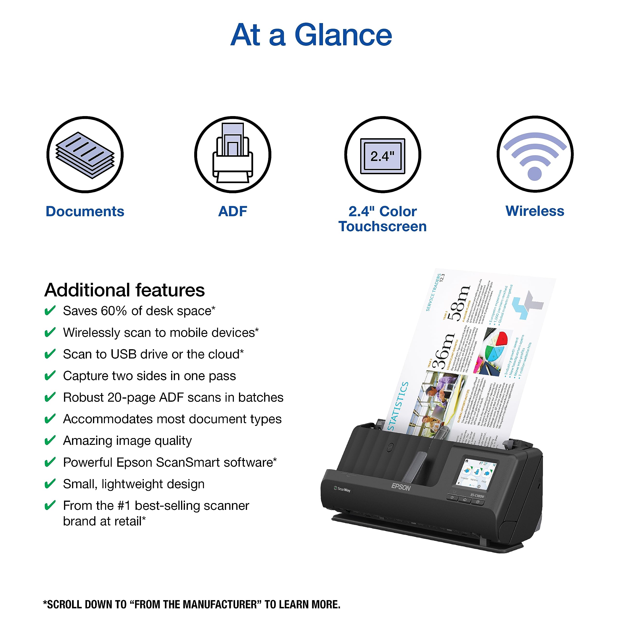 Epson Workforce ES-C380W Escáner de documentos compacto inalámbrico de escritorio con escaneo de 2 lados y alimentador automático de documentos (ADF) para PC y Mac