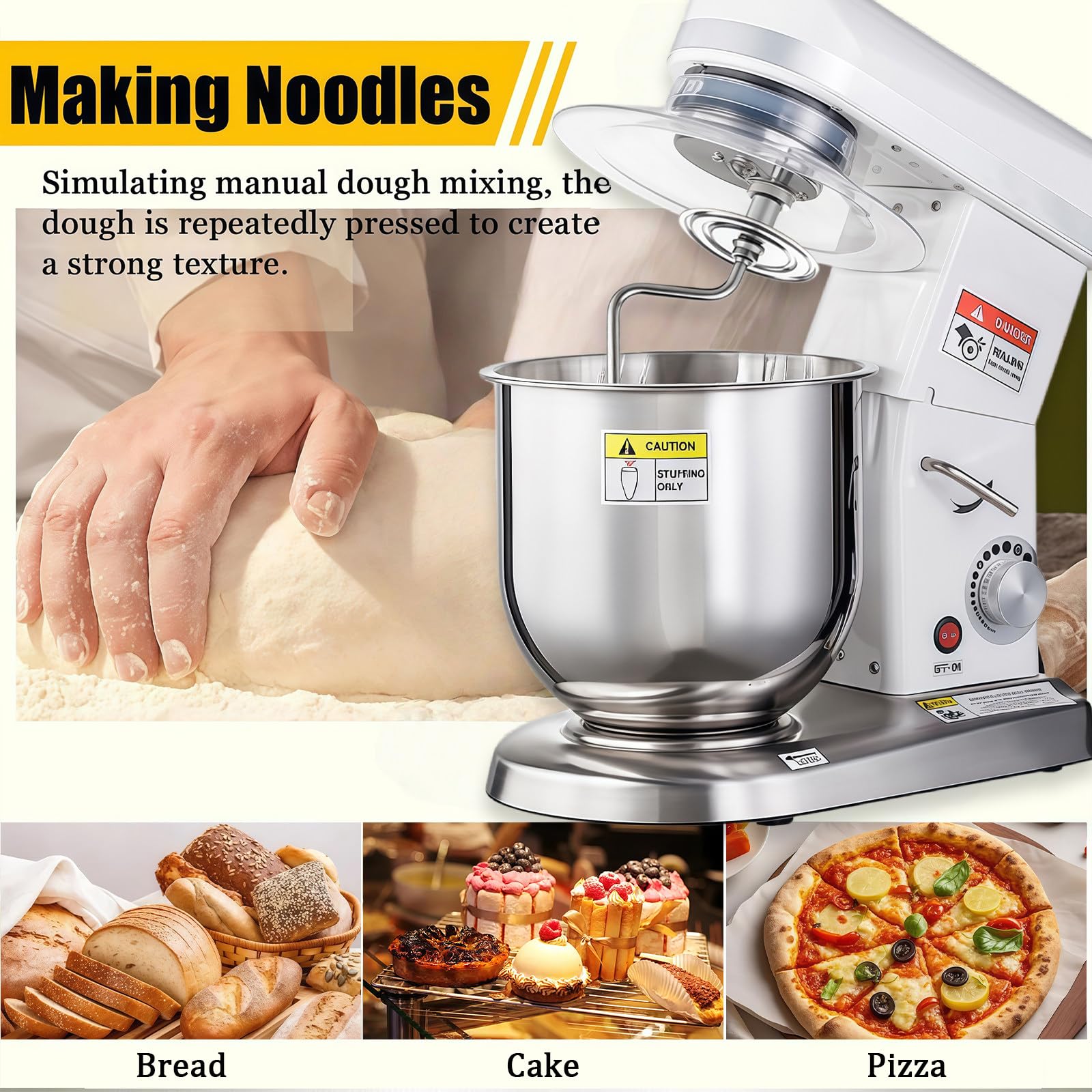 Robot De Cocina de Pie Comercial Mezcladora Multifunción, 3 Velocidades Ajustables con Bol de Acero Inoxidable, Gancho Amasador & Batidor para Pasteles para Panadería Pizzería Restaurante 10L