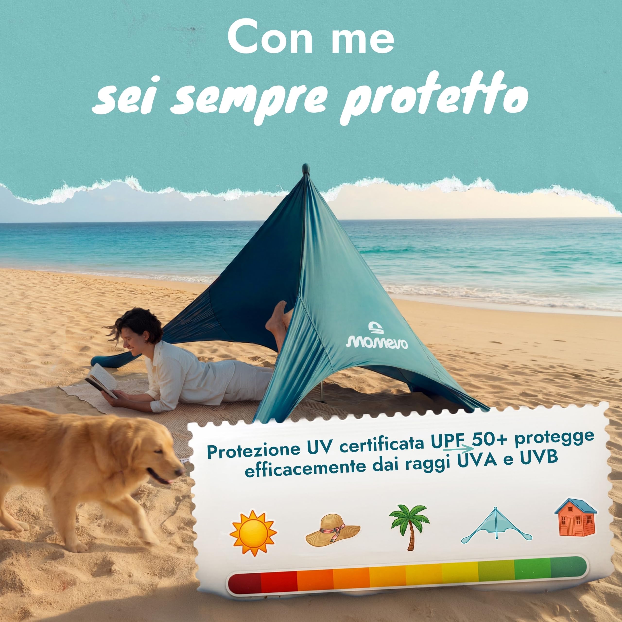Sunsail Tenda da spiaggia UPF50+ Antivento, 2 persone, Blu Petrolio | Telo ombreggiante leggero, tenda da spiaggia di nuova generazione