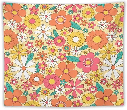 Miniatura 8 de Tapiz floral retro de los años 60 y 70, diseño hippie de primavera Groovy Flower Power Flower Boho para colgar en la pared, arte neutro para Hippie