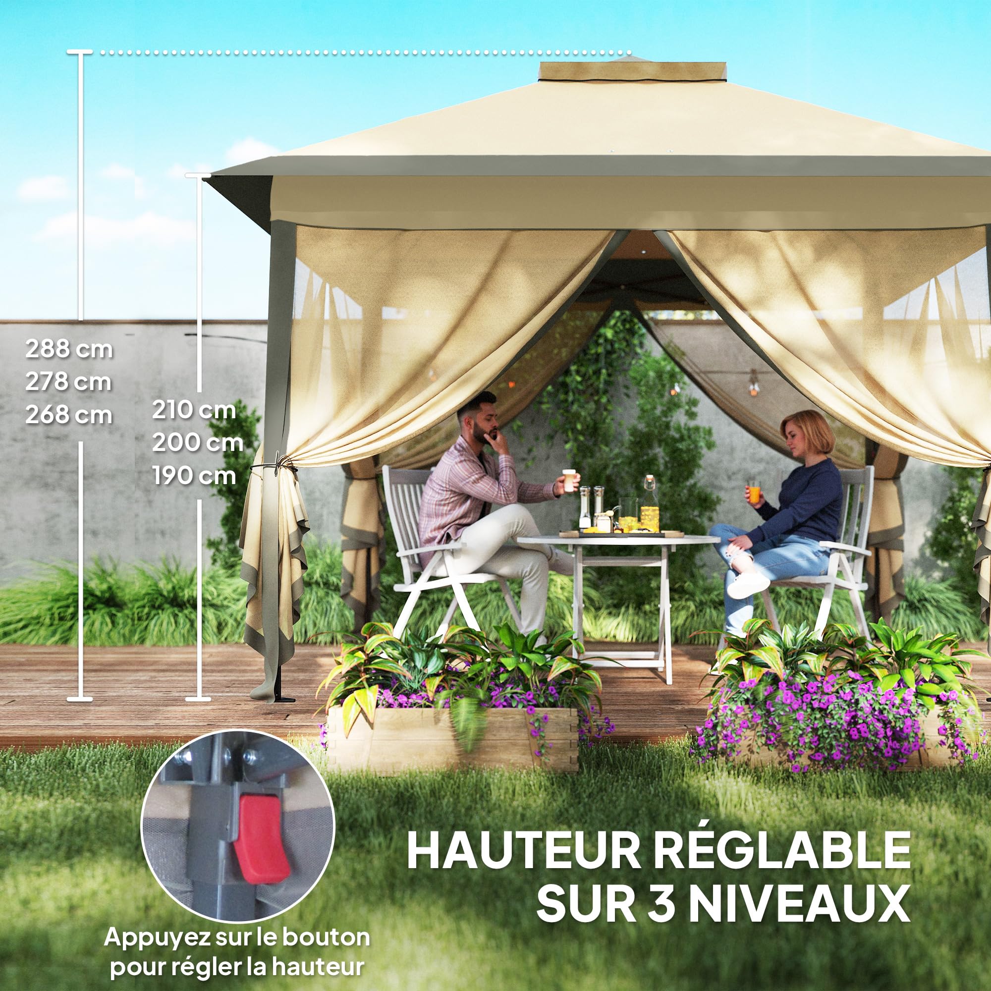 Outsunny Tonnelle Pliante Pop-up Double Toit 3,3x3,3m Beige et Marron