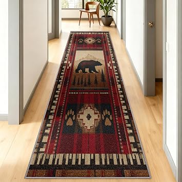 Tribal Bear Rug 2x5 Runner, Lodge Inspired Accent Rug, Bear Paw Print Rugs for Bedroom, Non Slip Stain Resistant Rugs Red Plaid Home Decor