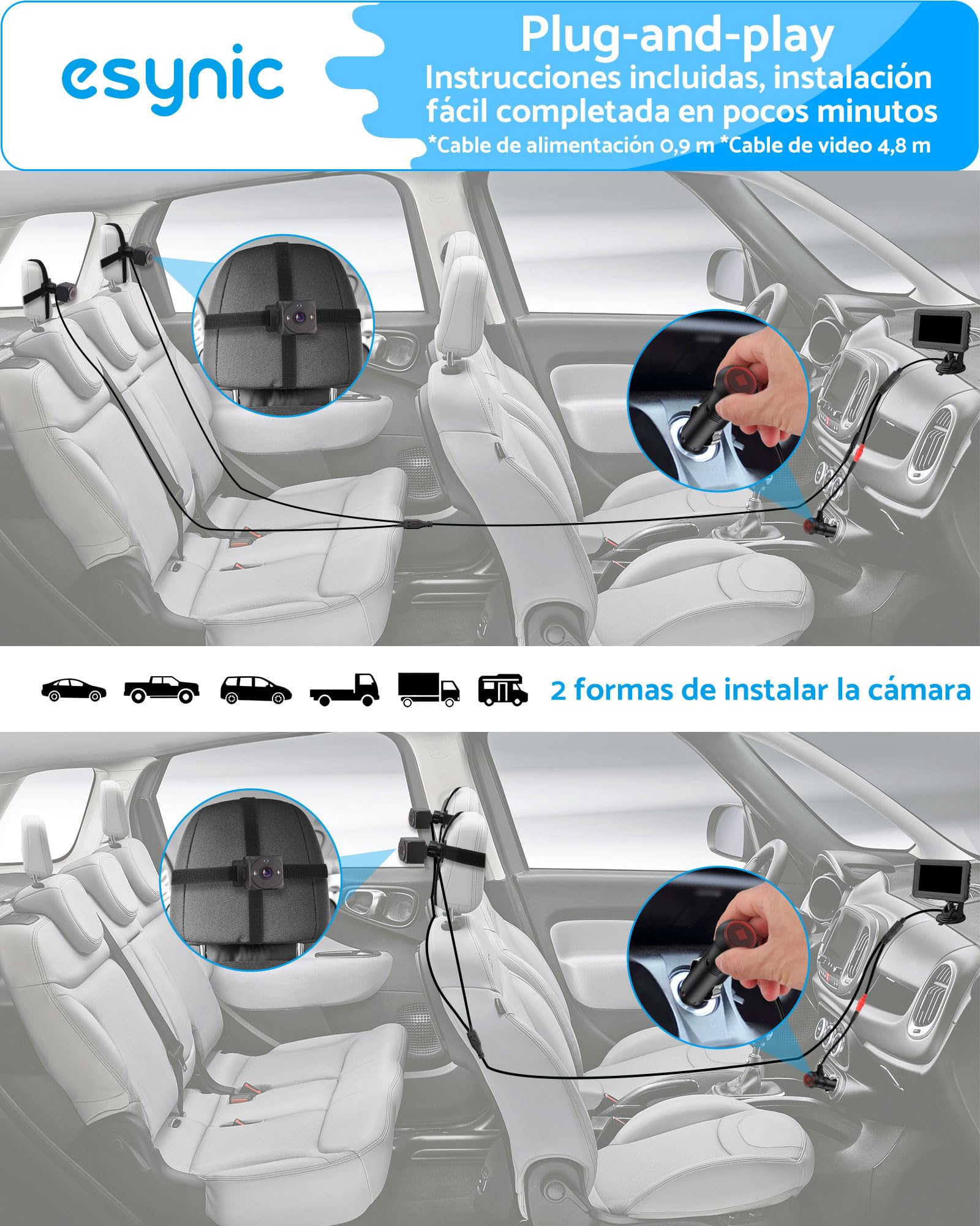 eSynic Cámara Doble para Bebé 1080P con Pantalla Dividida de 7" Monitor de Vigilancia Infantil Espejo Retrovisor con Visión Nocturna Cámara Giratoria 360° Sistema de Seguridad para Asiento Trasero