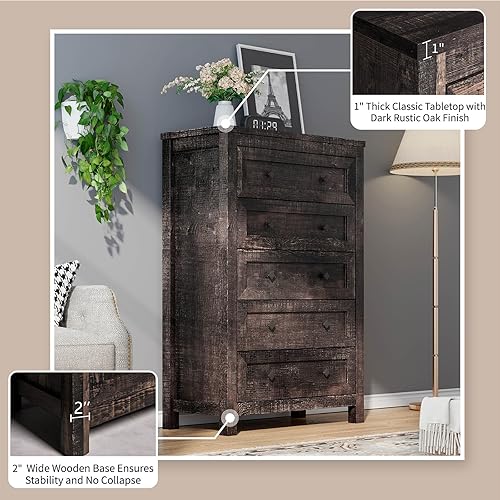 Miniatura 6 de Cómoda rústica de madera rústica con 5 cajones para dormitorio, organizador de aparadores altos con asas de metal, 5 cajones para sala de estar,