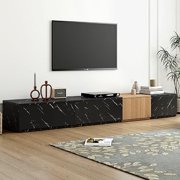 Vinsetto TV Stand with Faux Marble and Walnut Finish, Modular Entertainment Center for TVs up to 88", 4 Storage Drawers, Black