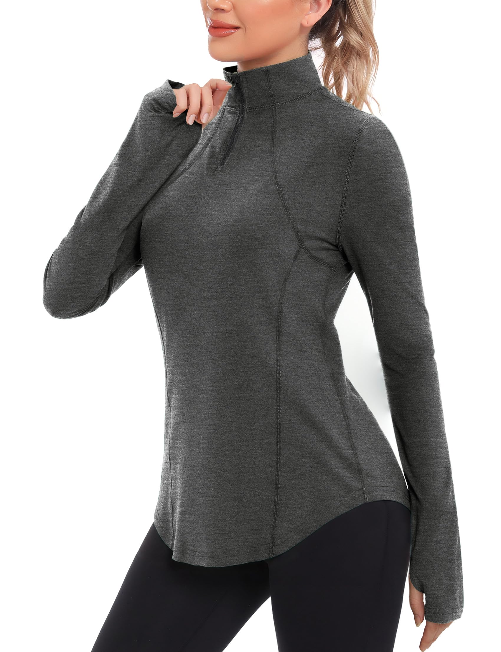 Crewhpo Sportshirt Damen Langarm 1/4 Reißverschluss Funktionsshirt Sport Oberteil UPF 50+ T-Shirt Langarmshirt mit Daumenloch Leicht Atmungsaktiv Laufshirt