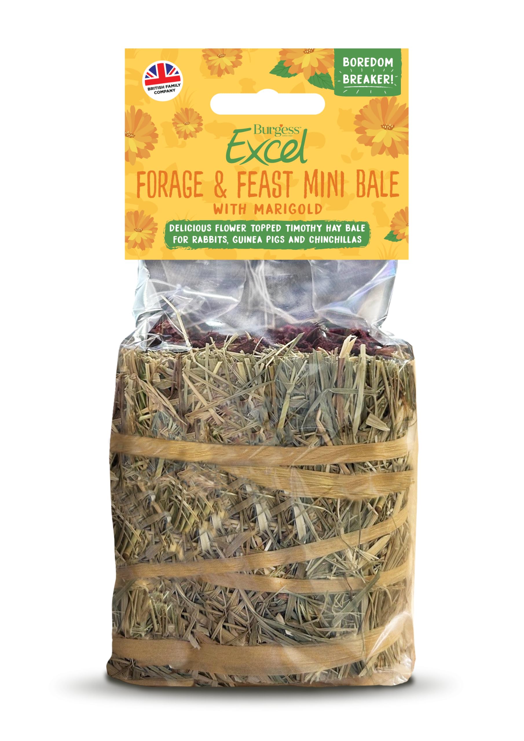 Excel Forage & Feast Mini Bale with Marigold, 100g – Mini Hay Bale Treat for Rabbits & Guinea Pigs – Natural Snack Topped with Marigold