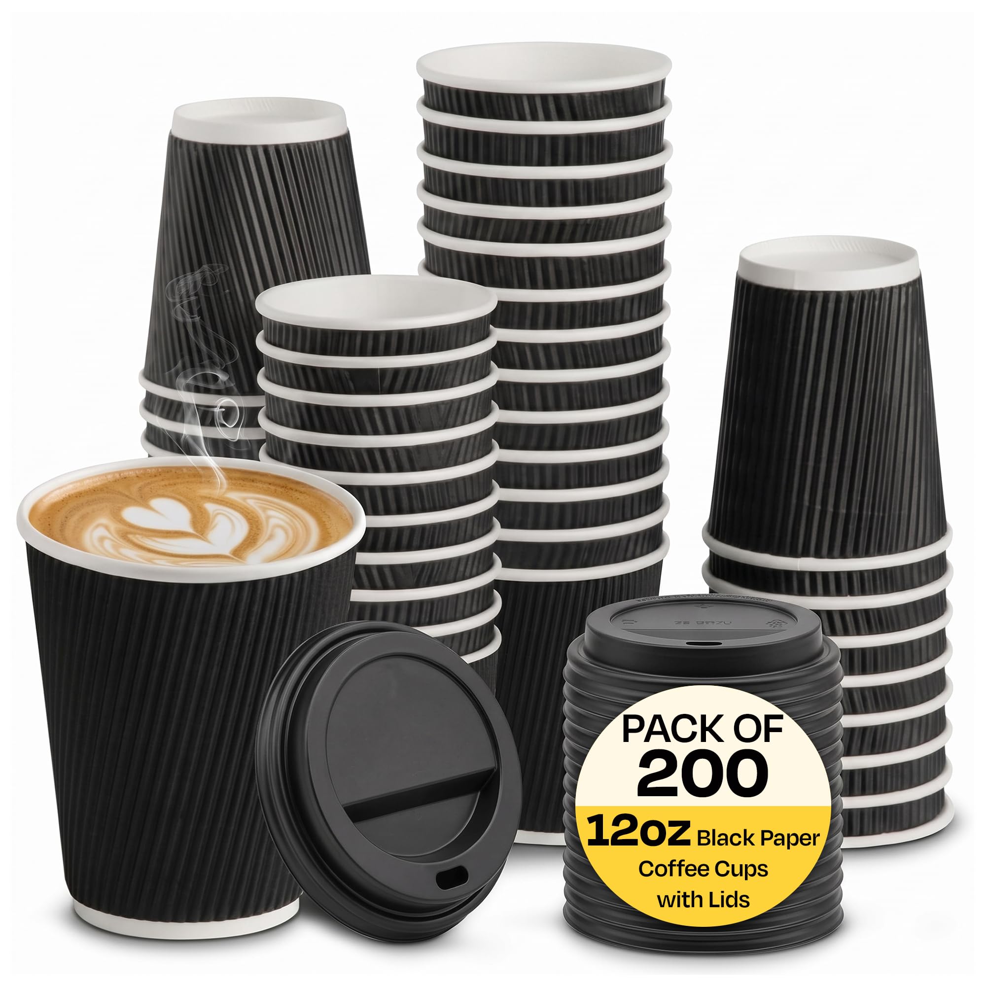 We Can Source It Ltd – 200 Sets of 12oz Insulated Black Paper Coffee Cups with Lids, Disposable Hot Beverage Cup for Coffee, Tea - Leak-Proof Disposable Coffee Cups for Home, Office and Cafes