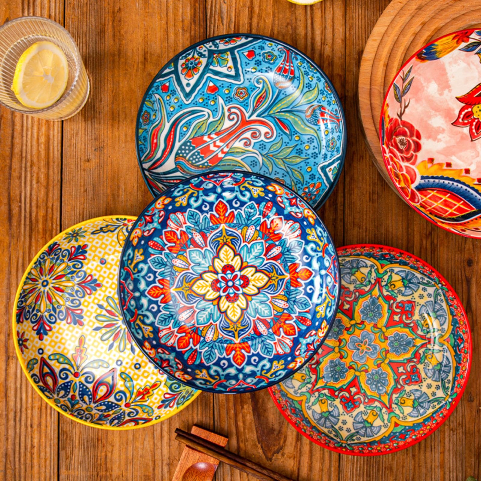 Set di 4 piatti piani rotondi in ceramica colorata da 20 cm, per pasta, torte e waffle, adatti al microonde e alla lavastoviglie