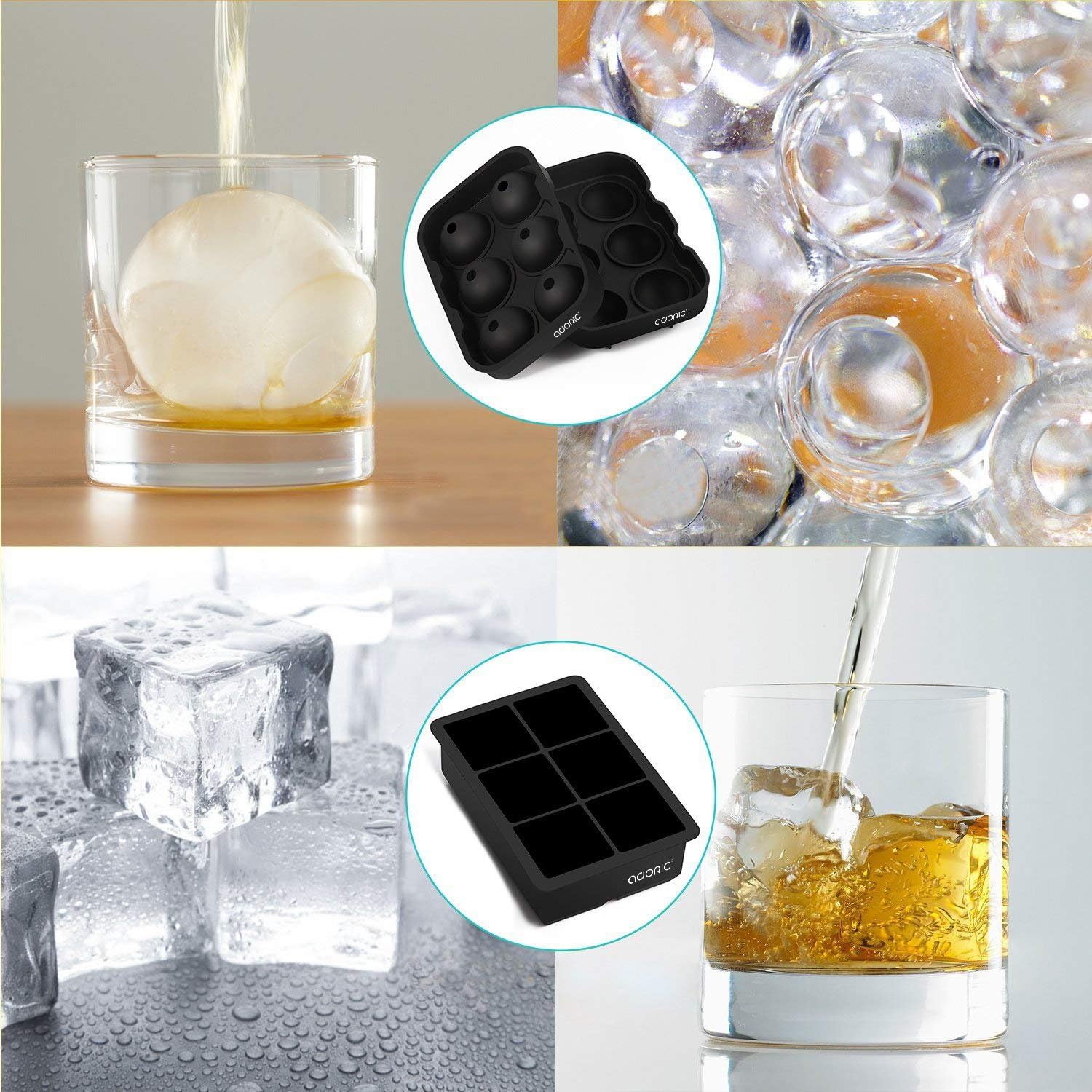 Ice Cube Trays, Sphere Ice Cube Molds Set of 2, Silicone Ice Ball Maker with Lid & Large Square Molds for Whiskey and Cocktails or Homemade, Black (Medium, Dark Black)