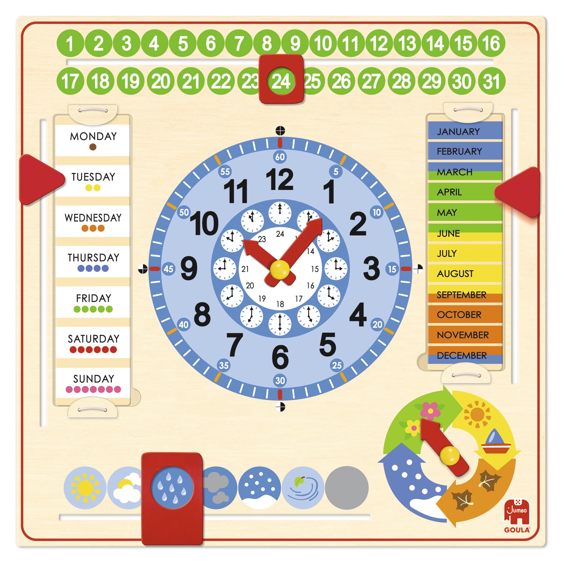 Goula Calendario Reloj – Reloj Calendario de Madera – Juguete Educativo para Que los Niños Aprendan la Hora, la Fecha, los Días de la Semana y Las Estaciones – Versión para Pared o Mesa