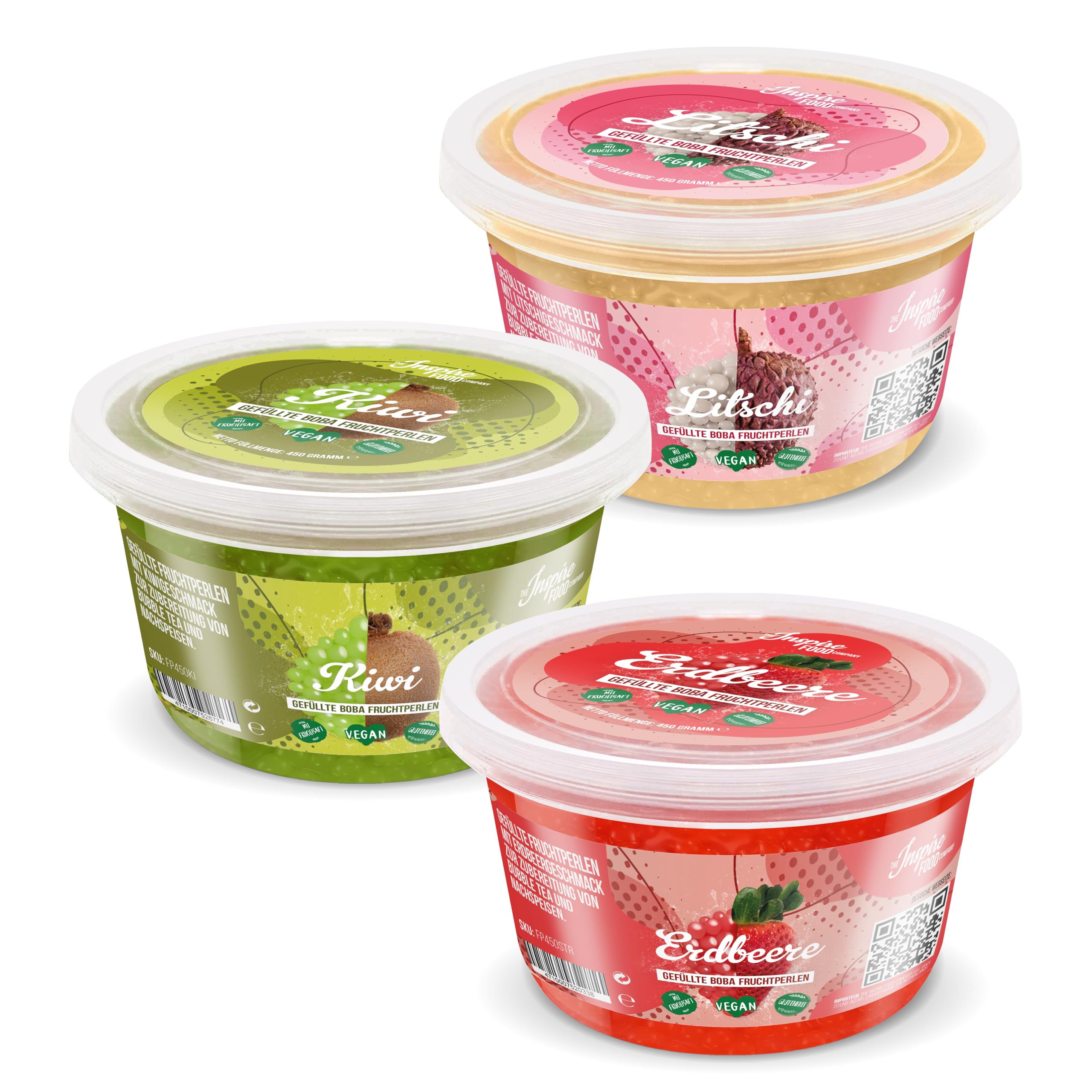 INSPIRE FOOD Popping Boba Variety Pack - Strawberry, Kiwi, Lychee (3 x 450 gm) - No Artificial Colors - Lower Sugar, Real Fruit Juice - 100% Vegan & Glutenfree