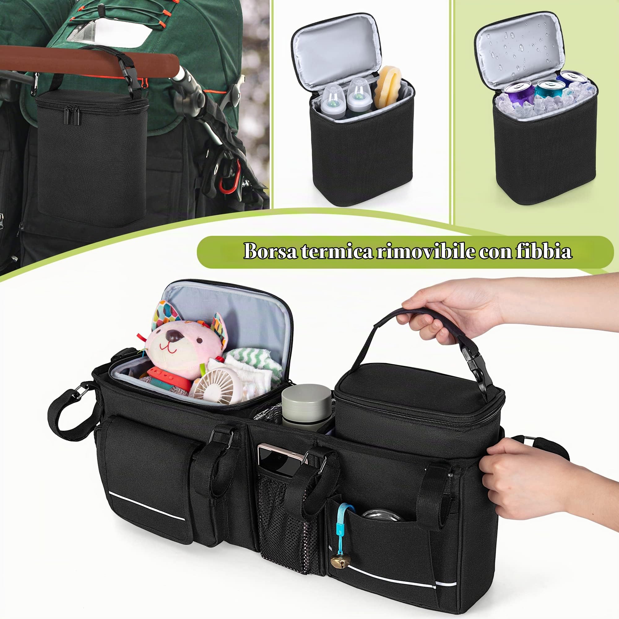 HODRANT Borsa per Passeggino Compatibile con Baby Jogger City Mini Gt2 Double | Organizer per Passeggino con Borsa Termica Rimovibile e Portabicchieri (Solo Borsa)