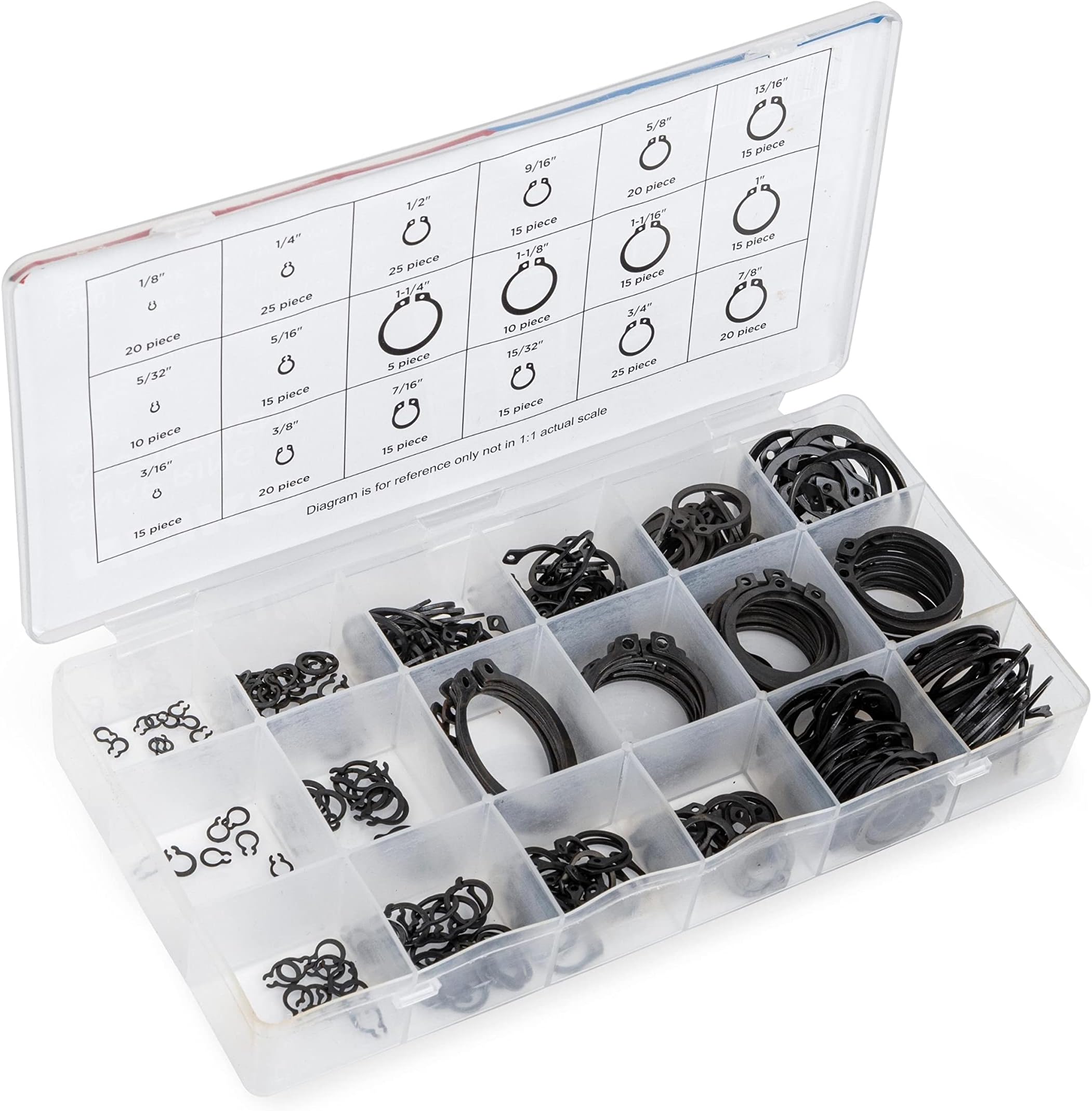 NEIKO 50458A Snap Ring Shop Assortment | 300 Piece Retaining Ring Set | 18 Sizes (1/8" - 1-1/4") | Heat-Treated Hardened Steel | Secure Parts on Grooved Shafts, Pins, Studs, etc.