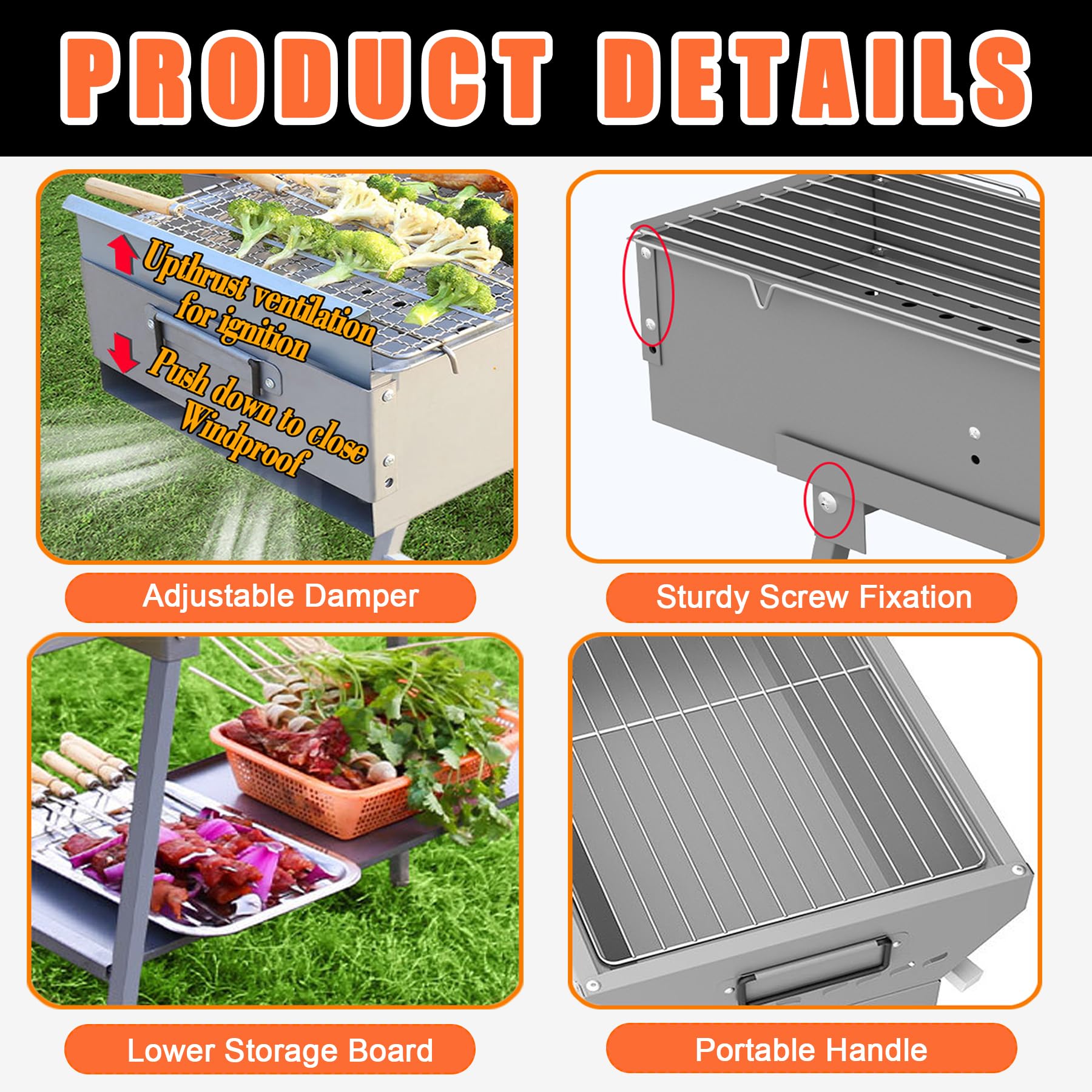 Gril à charbon de bois portable, 81,3 x 25,4 cm, planche de rangement avec pieds antidérapants, barbecue commercial, convient pour le camping, les fêtes, le jardin, l'extérieur, les voyages