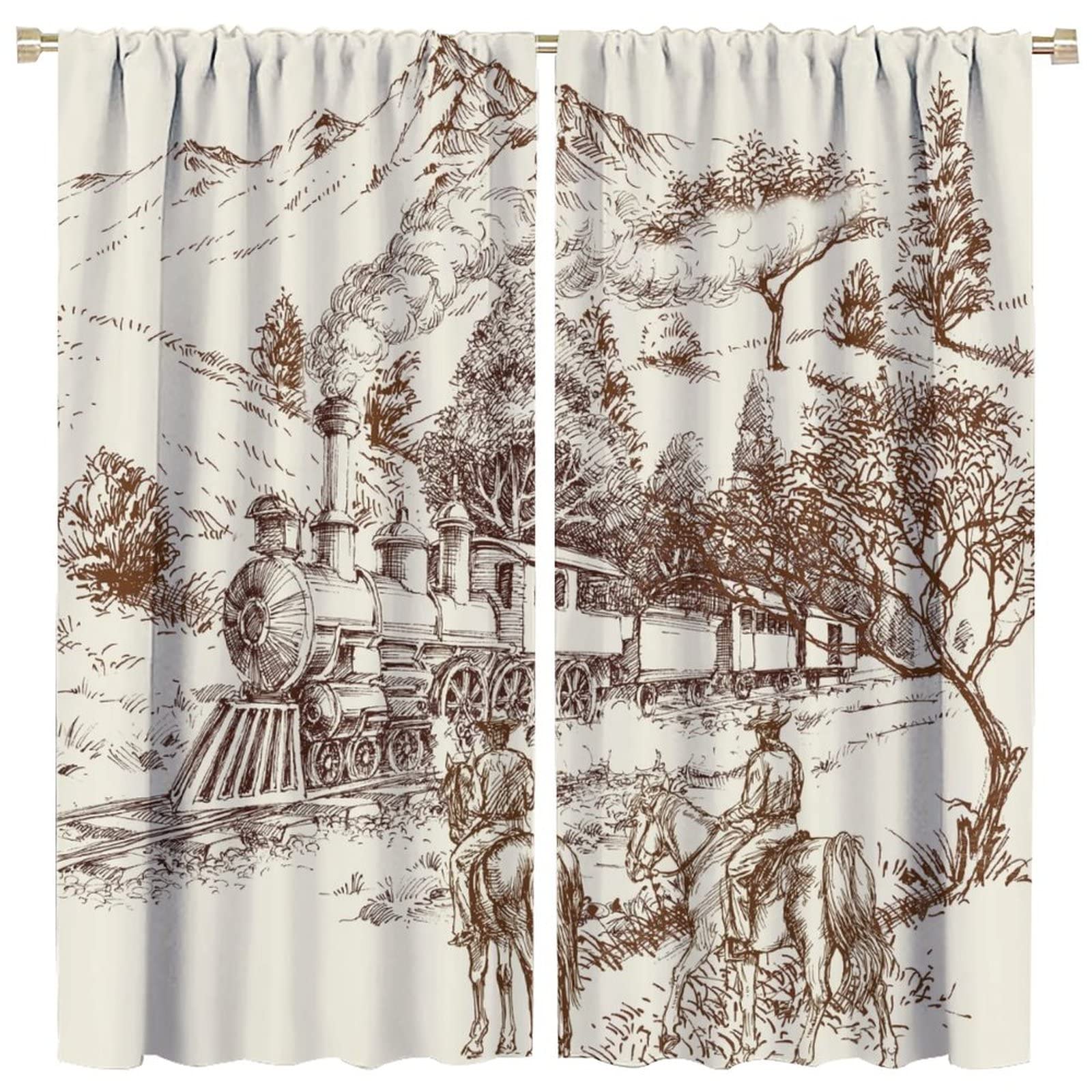 INSFBRB Western Cowboy Blackout Curtains for Bedroom,Retro Style Steam Trains Wild Cowboy Riding Horse Window Drapes - Thermal Insulated and Noise