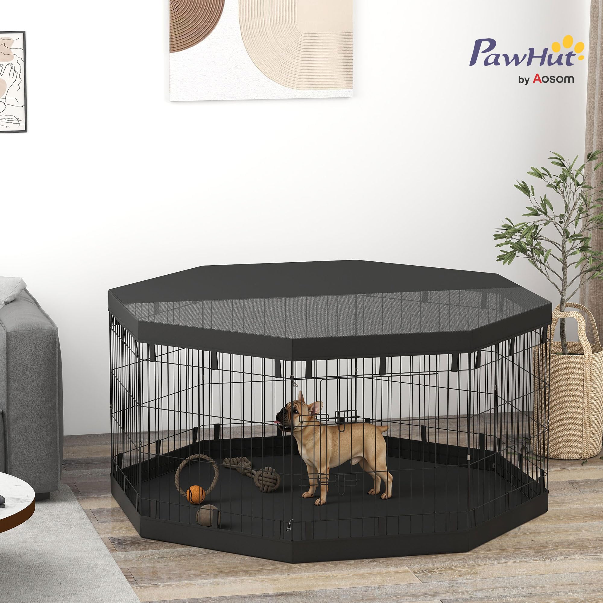 PawHut Welpenauslauf Türen für Hunde unter 20 kg 159 x 159 x 76 cm Schwarz | Welpenlaufstall, Fenster, Laufgitter mit Atmungsaktiv Netz, für kleine & mittelgroße Hunde, Indoor & Outdoor