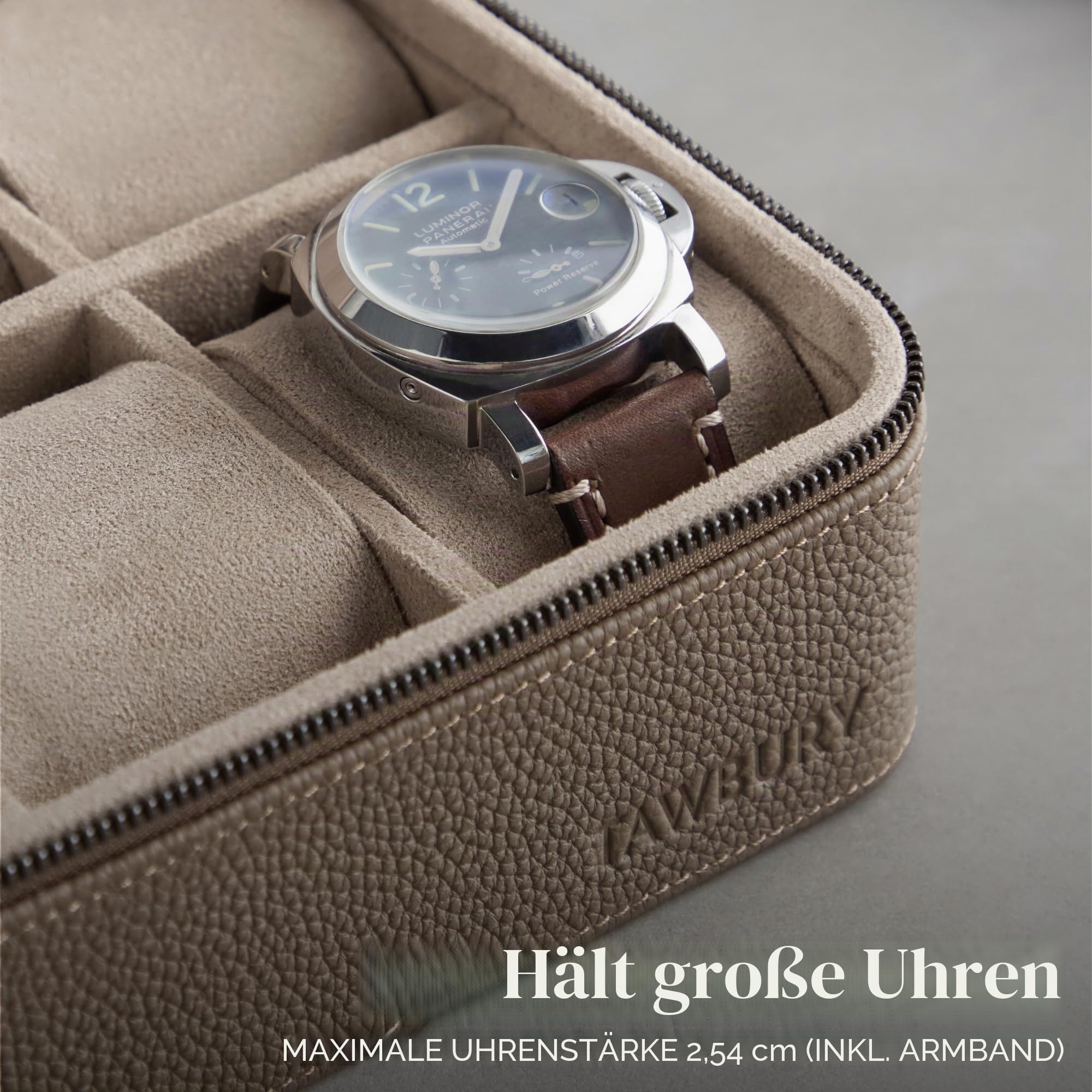 TAWBURY Leder-Uhrenbox mit 4 Fächern – Elegante und sichere Aufbewahrung für Ihre Uhren (Taupe)