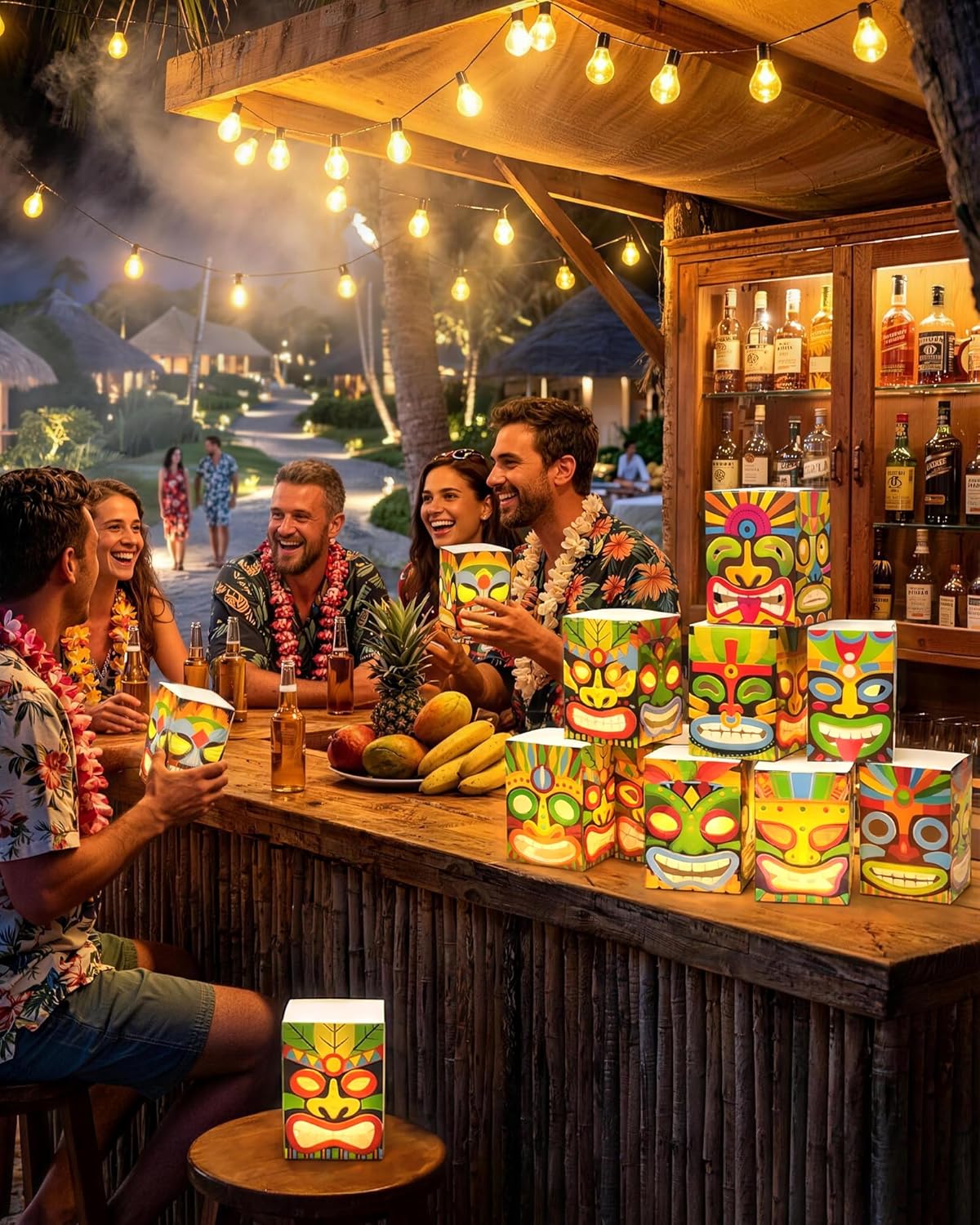 16Pcs Hawaiian Luau Party Decorations, Tiki Totem Box Decor with Lights for Tropical Birthday, 7.9" Lighted Tiki Bar Decor for Outdoor Patio Porch, Survivor Themed Party Supplies Aloha Party