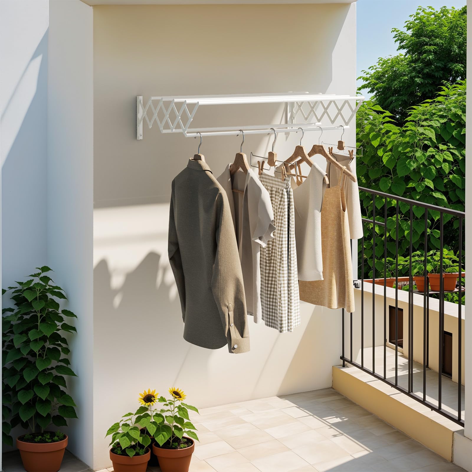 YOUDENOVA Wäscheständer Wandmontage, Wäschetrockner Wand ausziehbar mit 7 Stangen, platzsparender Trockenständer für Waschraum, Handtuchhalter aus Metall für Bad, (42-80) x 59 x 19cm, weiß