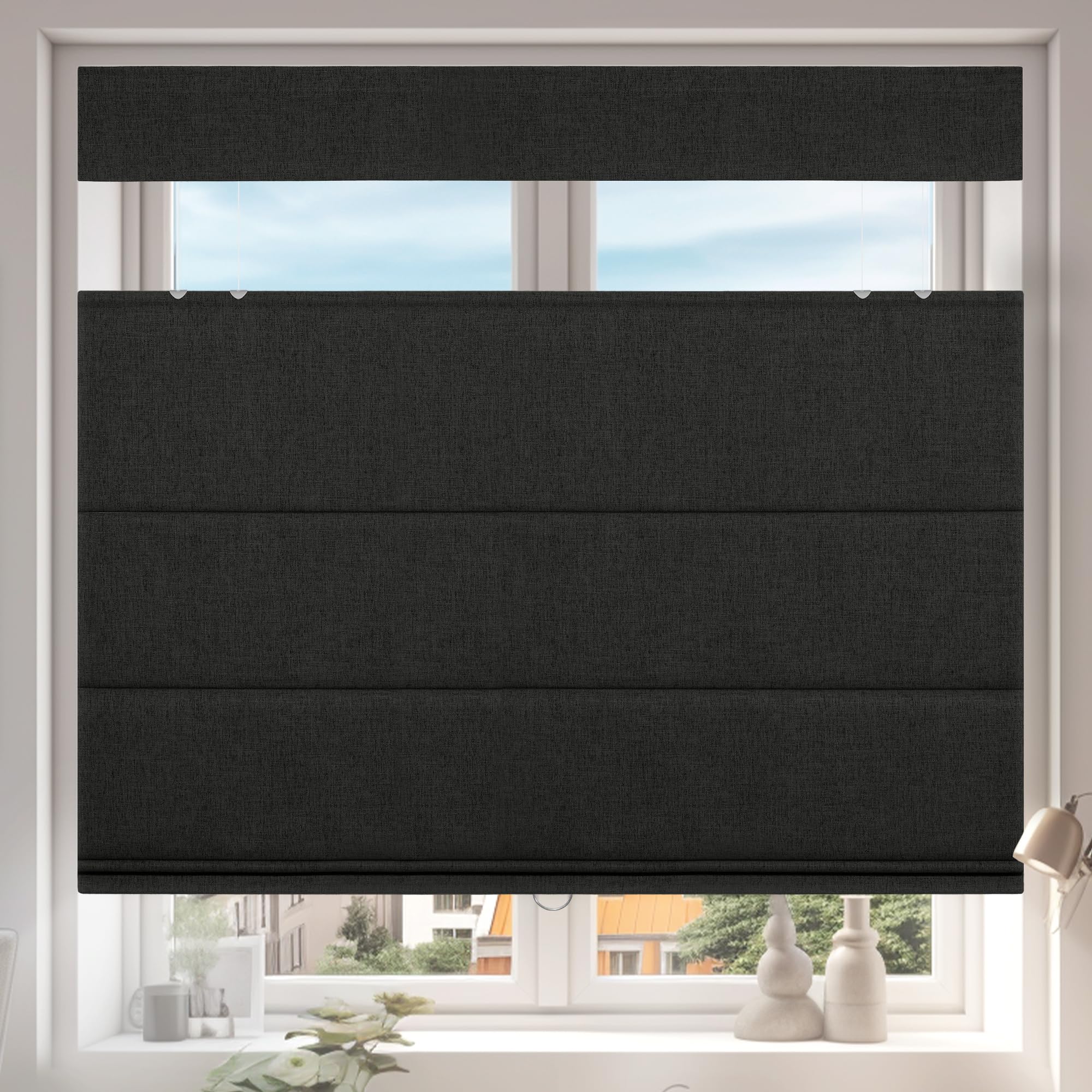 HOTSOON Top Down Bottom Up Roman Shades for Window,Cordless,Blackout Roman Window Shades,Room Darkening Fabric Thermal Insulation Custom Roman Blinds for Living Room Loft,Black Grey,36W x 39H