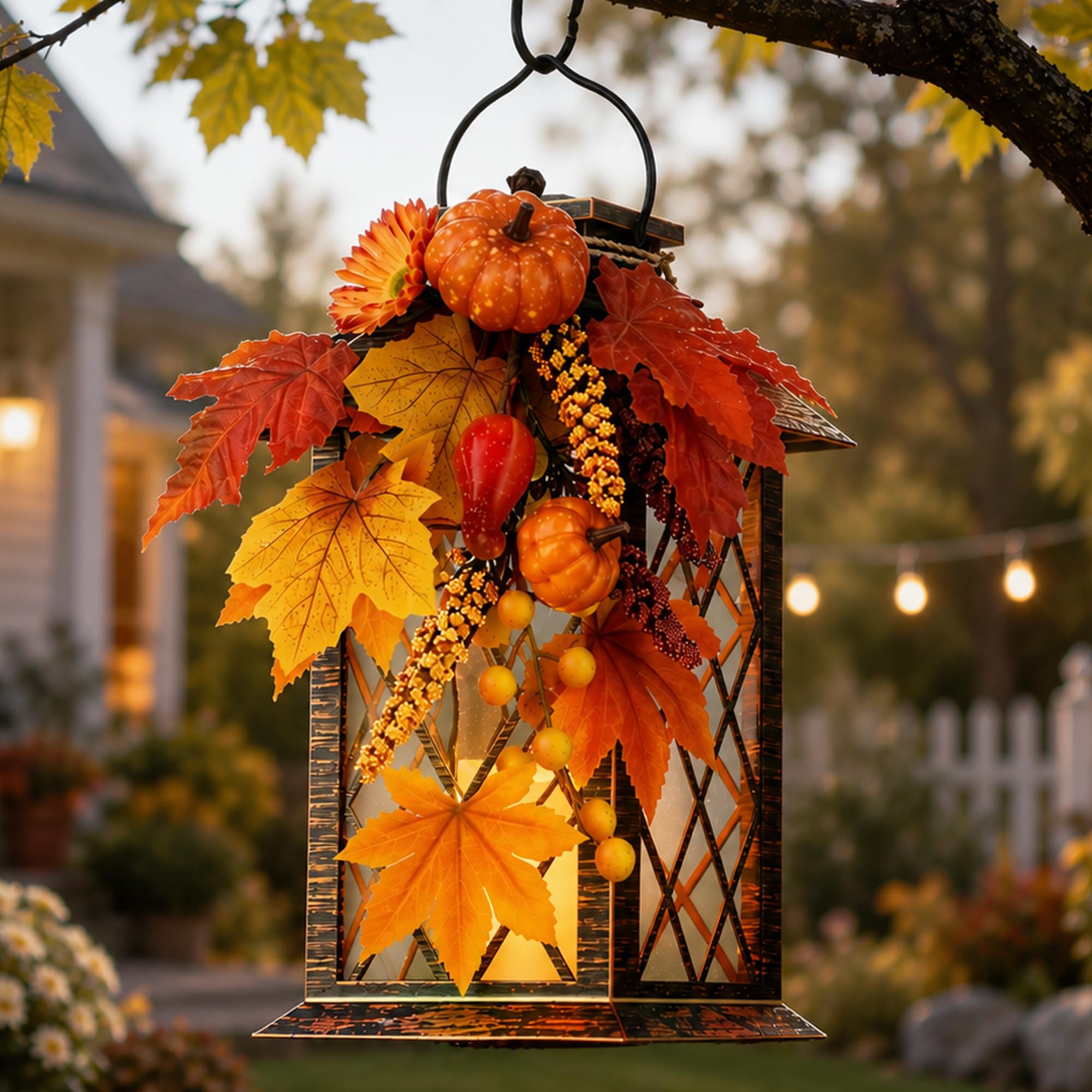 Faroles solares impermeables para exteriores, linterna colgante de corona de otoño, 13 pulgadas, decoración solar para porche, patio, jardín, balcón, camino, 1 paquete