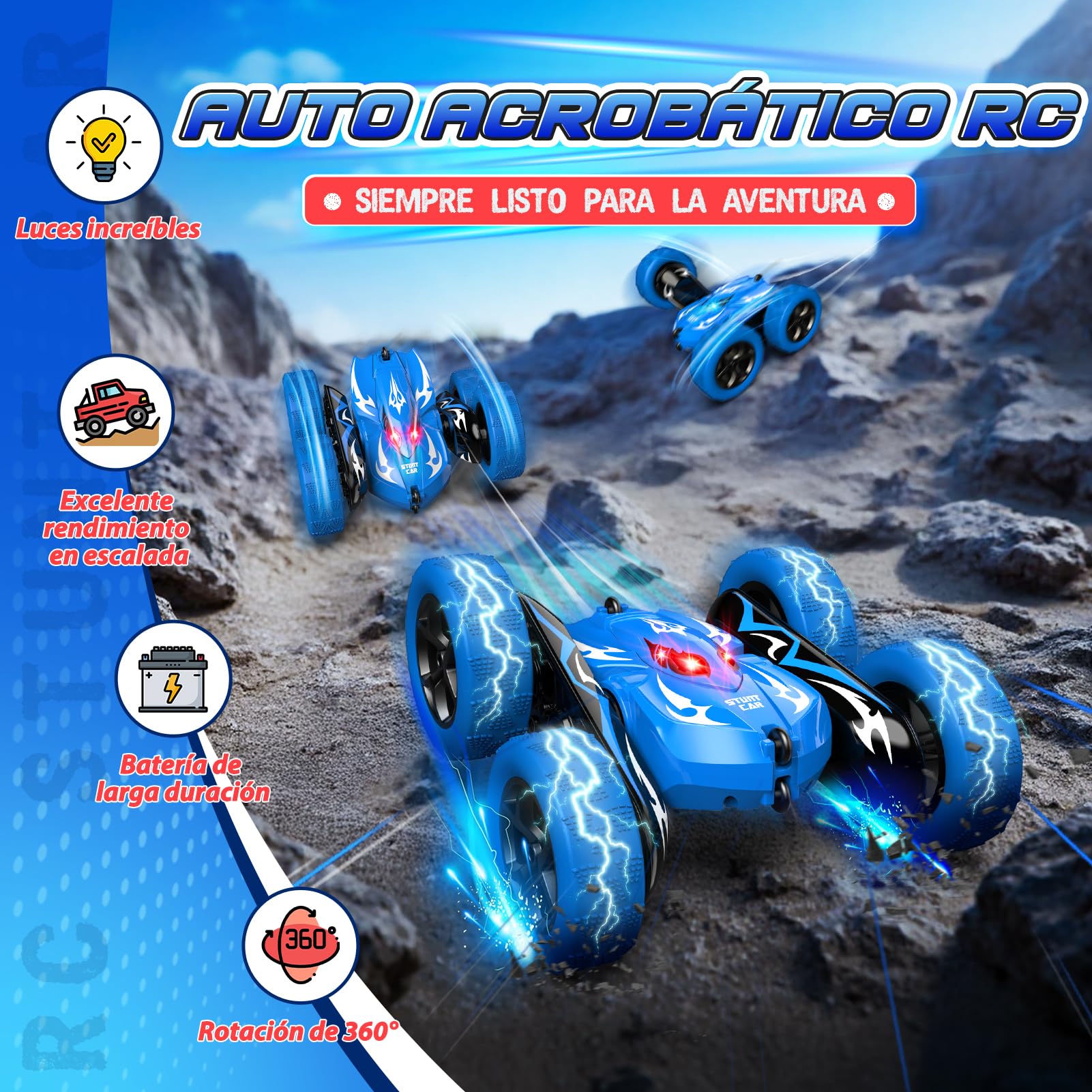 HappyGoLucky Coche Teledirigido 360° Rotación con Faros LED, 2.4 GHz Coche RC Monster Truck Juguetes Regalo Niños 3-8 Años, Regalos Cumpleaños Juegos Exterior Coches para Niños 4x4 Crawlers