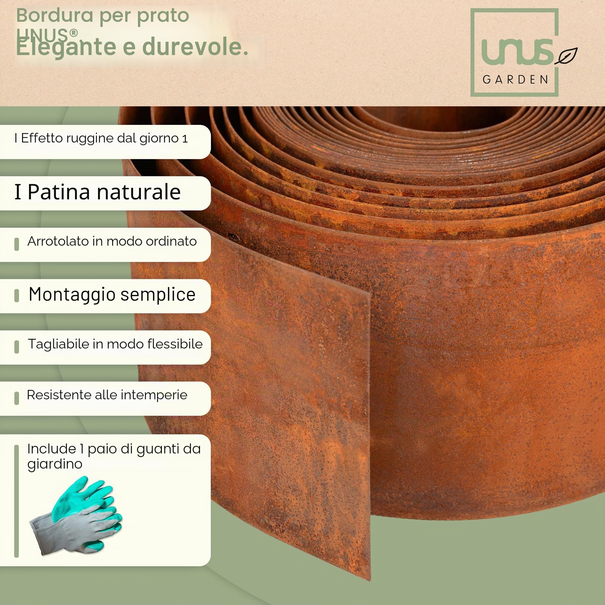UNUS Bordo per prato, in acciaio corten, liscio, 10 m x 10 cm, flessibile, effetto ruggine, per aiuole, prati e sentieri
