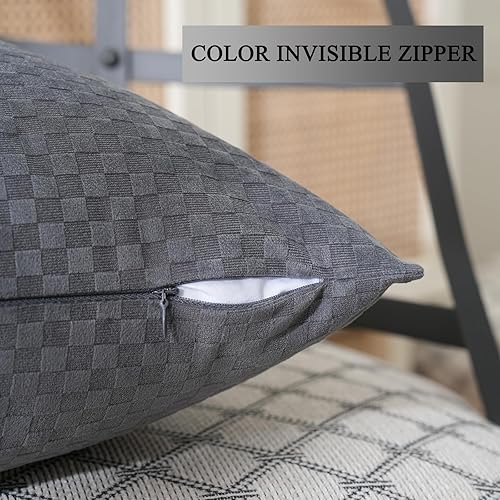 Miniatura 4 de JIAHANNHA Juego de 2 fundas de almohada cuadradas de terciopelo gris oscuro a cuadros de 12 x 20 pulgadas, fundas de cojín cuadradas suaves y