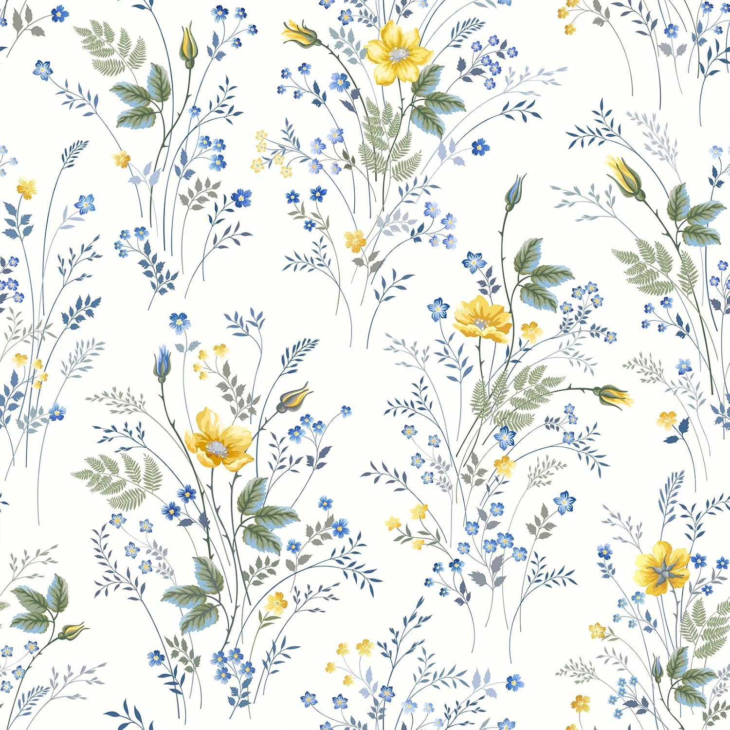 VEELIKE Meadow Floral Peel and Stick Wallpaper Boho Yellow Blue Floral Wallpaper for Bedroom Nursery 17.7''x354'' Removable Self Adhesive Botanical Wall Paper Flower Contact Paper for Cabinets Drawers