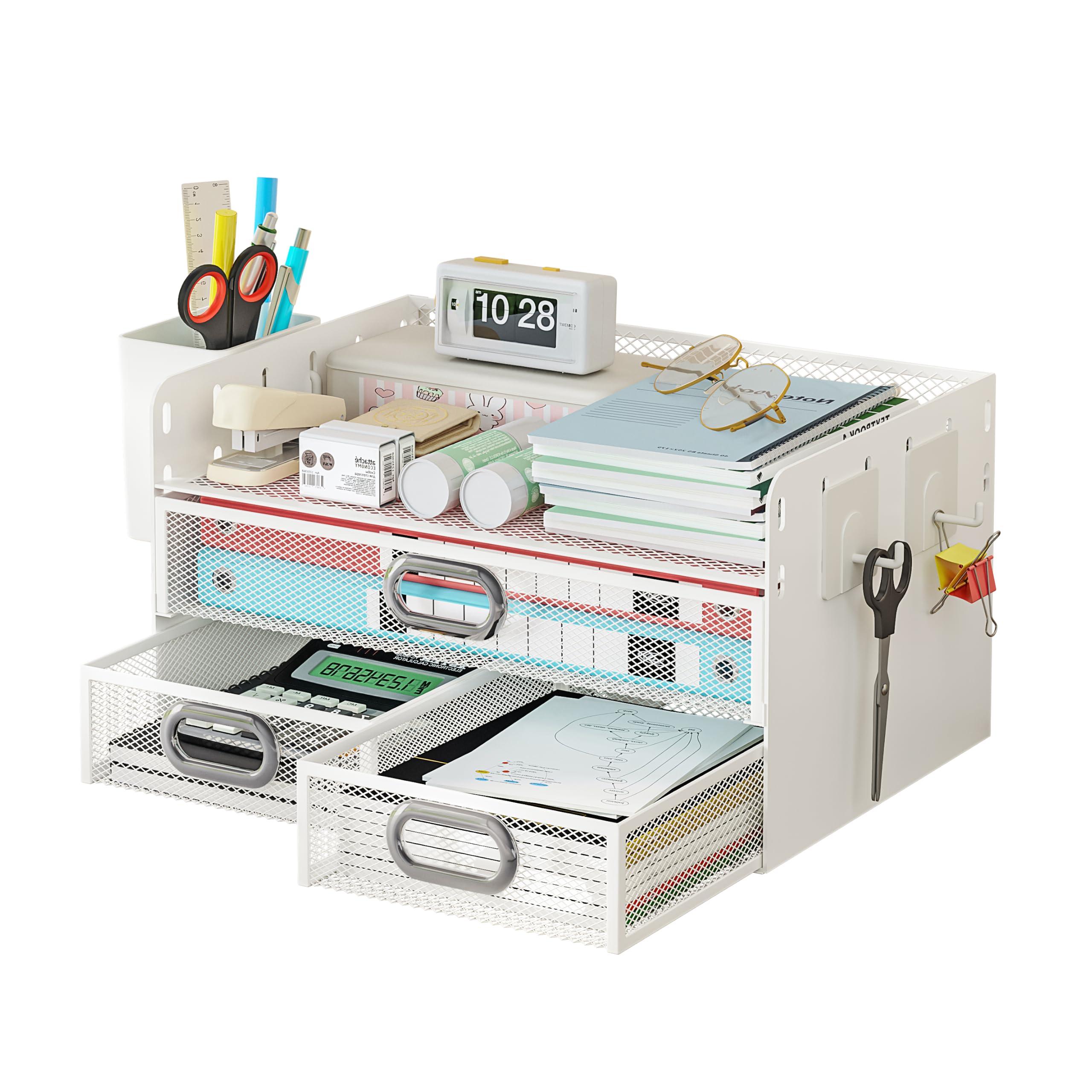 Organizer per cassetti a 3 ripiani in rete con portapenne | Robusto accessorio multifunzionale, nessun montaggio richiesto, adatto per scuola, ufficio, studio, metallo, bianco