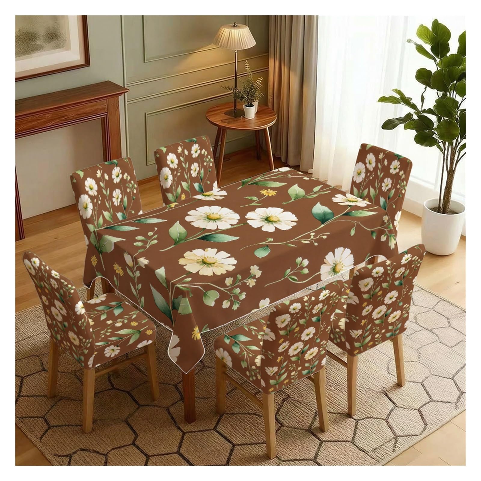 KXUAUV Rustic Brown Base White Daisy Print Tablecloth And Chair Covers Set, Stretch Slipcovers For Farmhouse Countryside Dining Room Decor, 5/7 Pack Party Decor(7pcs Set: Tablecloth+Chair Covers)
