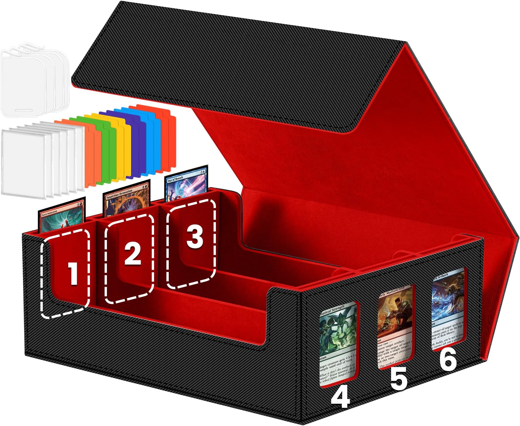 Trading Cards Storage Box - 6-Window Display 2400+ TCG PKM Commander Deck Case with 6 Card Holders for Magic the Gathering PTCG YuGiOh Sports MTG Cards Black and Red