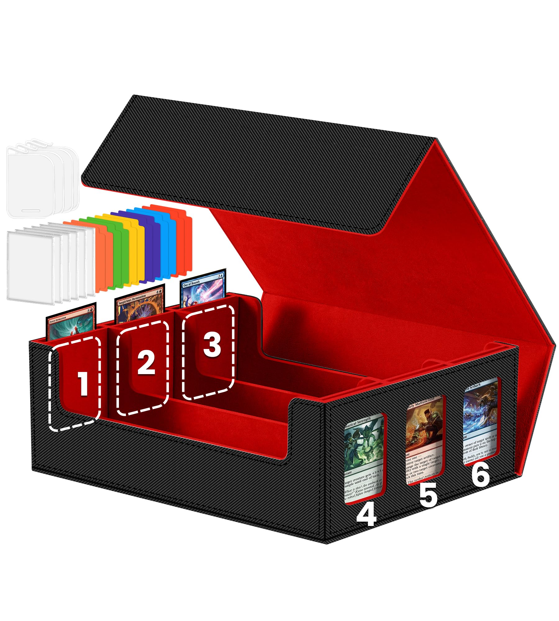 Trading Cards Storage Box - 6-Window Display 2400+ TCG PKM Commander Deck Case with 6 Card Holders for Magic the Gathering PTCG YuGiOh Sports MTG Cards Black and Red