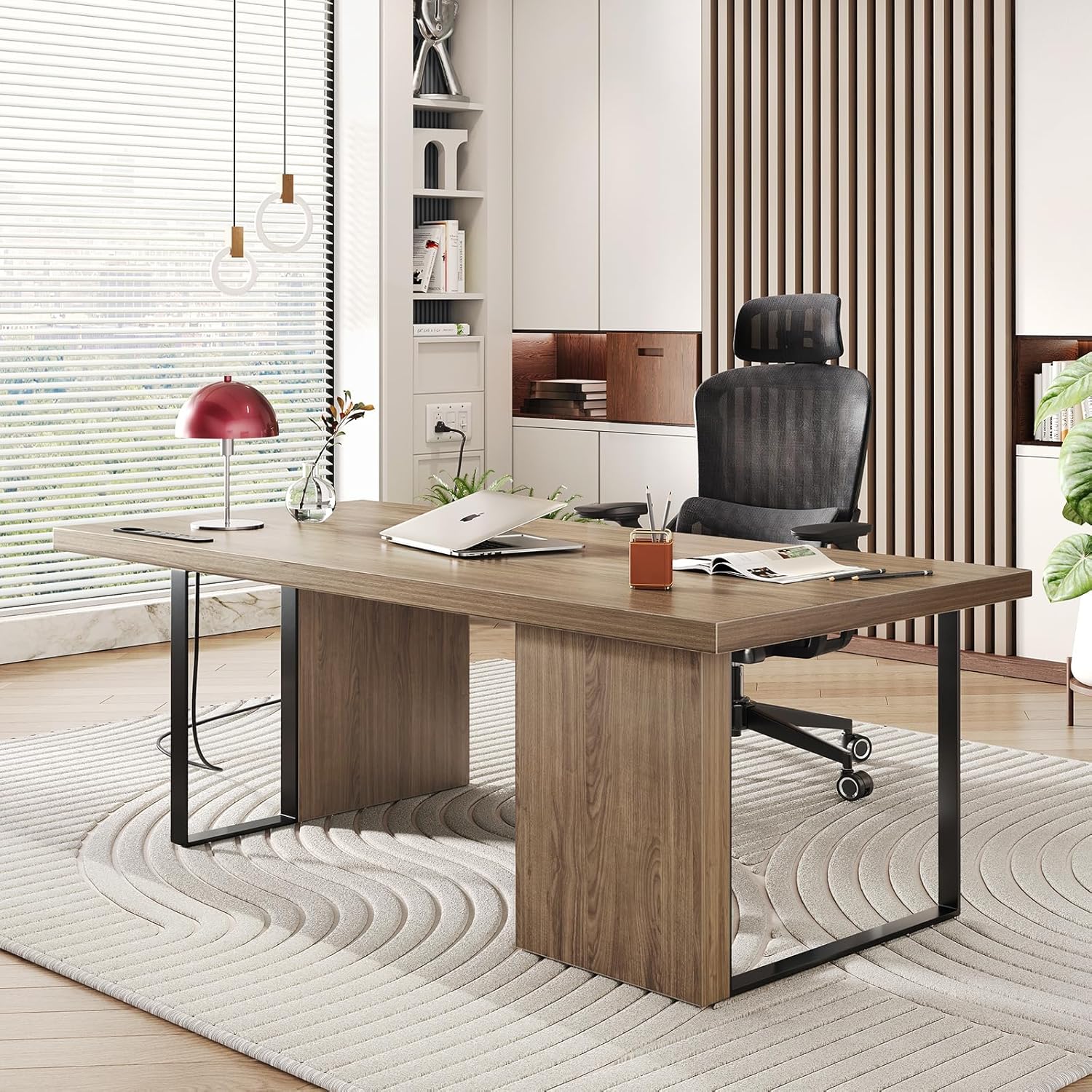 60-Inch Large Executive Desk, Modern Minimalist Wooden Computer Office Desk Workstation with Extra Thick Tabletop and Built-in Power Outlet, Business and Home Office (Brown