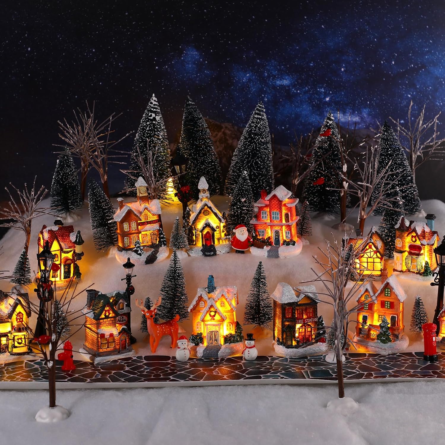 Kajaia 68 Pieces Christmas Winter Houses Village Set, Christmas Bare Branch Trees Snowman Winter Village Town Buildings Accessories Set for Christmas Figurine Village Miniature Home Desktop Decor
