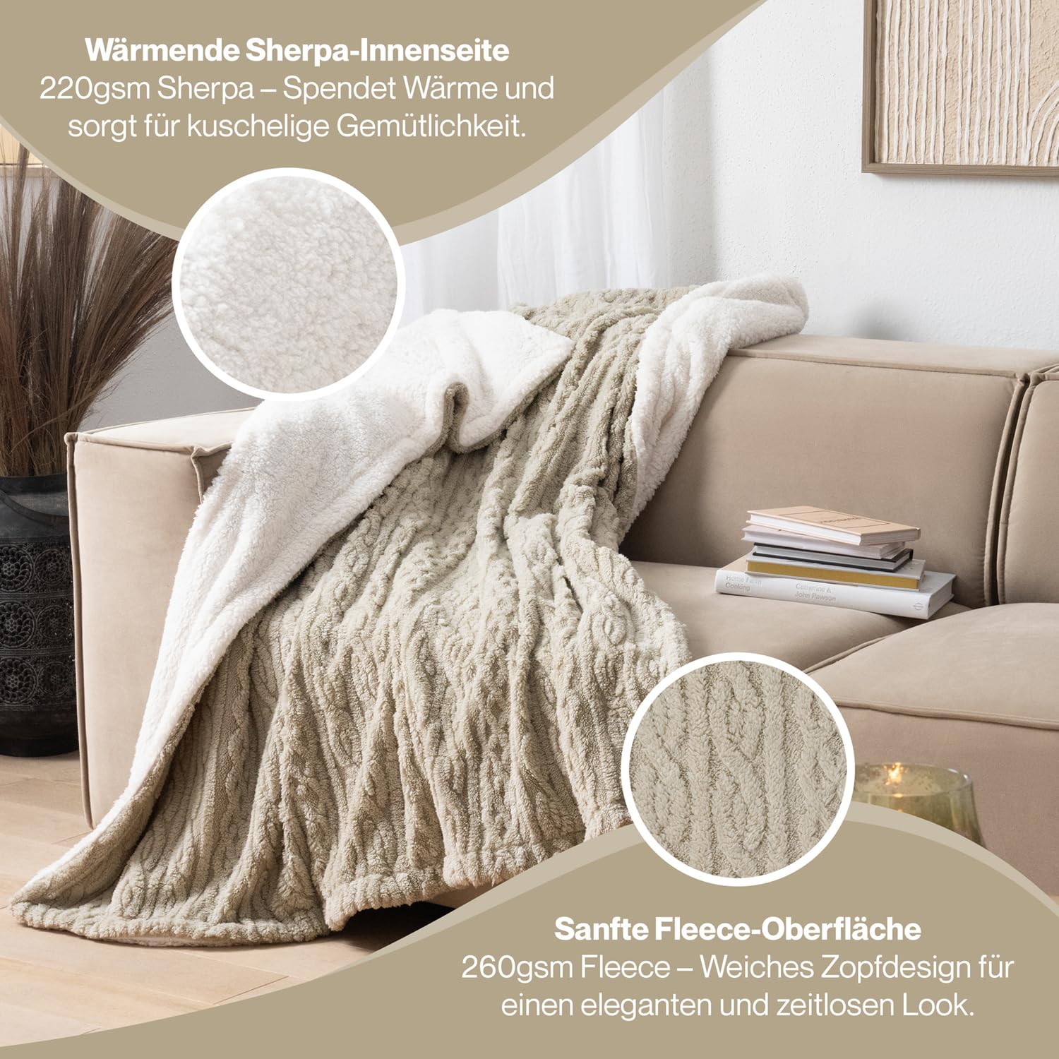 Blumtal Koc 150x200 cm z dzianinowym wzorem - Certyfikowany przez OEKO-TEX koc z mikrofibry z miękkim wnętrzem Sherpa - puszysty koc Sherpa 150x200 - ciepły koc w kolorze beżowym i białym