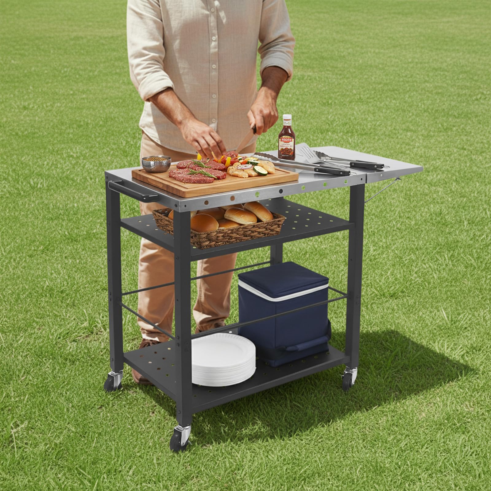 Mesa de barbacoa de 80 x 50 x 79,3 cm, mesa de barbacoa al aire libre, carrito de servir al aire libre, carro plegable con 2 estantes, mesa auxiliar con ruedas para preparación de barbacoa