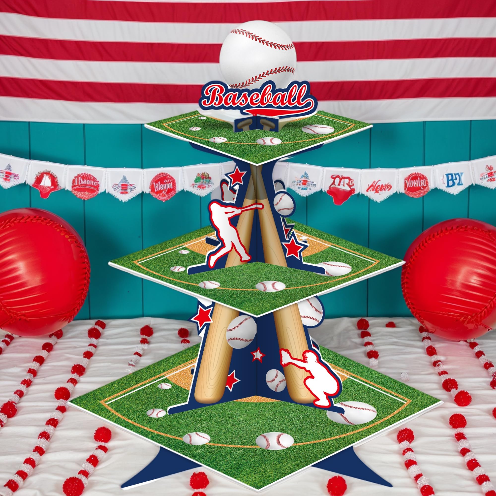 3-stöckiger Baseball-Cupcakeständer Für Mottopartys – Bunt, Stabil & Wiederverwendbar