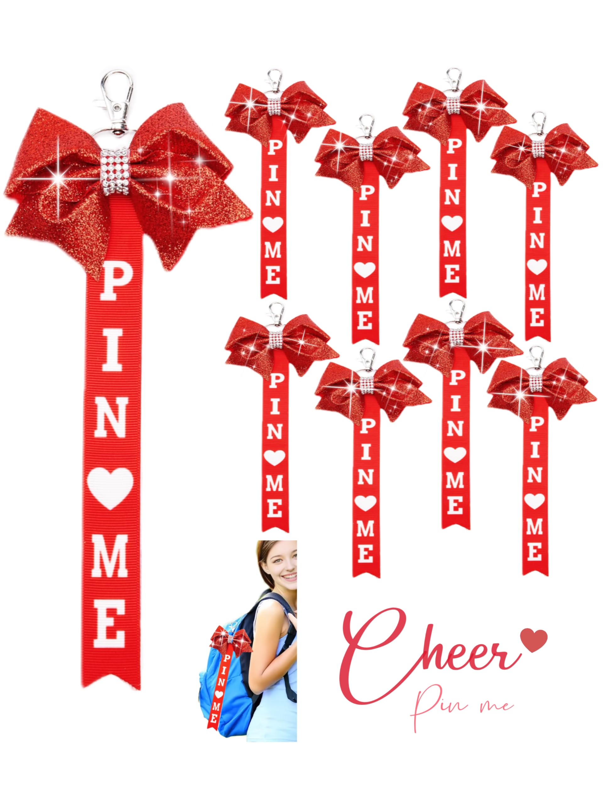 Cheer Pin Me Ribbon Cheerleader Pin Me Bow Cheer Bow Keychain with Rhinestones Cheerleading Sports Accessory Gift