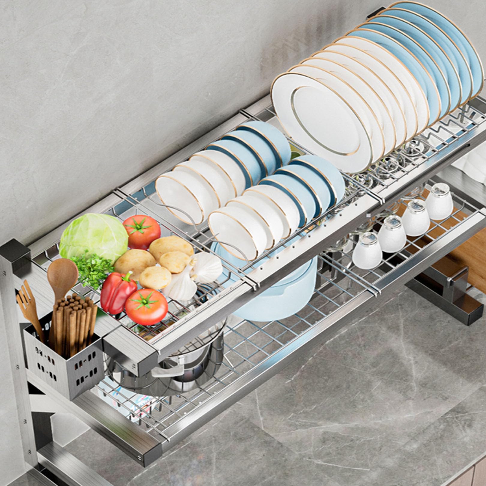 Escurridor de platos de acero inoxidable de 3 niveles sobre el fregadero con soporte para tabla de cortar y rejilla para picar, lo que le ayuda a ahorrar más espacio en la encimera (55 cm/21,7 pulgad